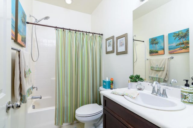 full bathroom with vanity, toilet, and shower / bathtub combination with curtain