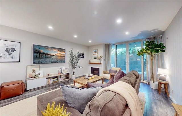 living area with recessed lighting, a fireplace, wood finished floors, baseboards, and expansive windows