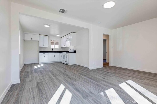 unfurnished living room with light wood-type flooring and sink