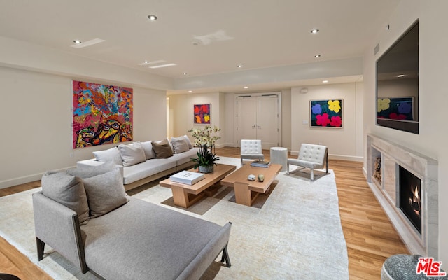 living room featuring a fireplace and light hardwood / wood-style floors