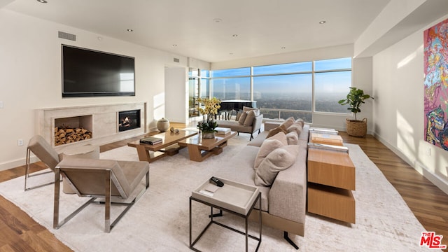 living room with floor to ceiling windows, a premium fireplace, and light hardwood / wood-style floors