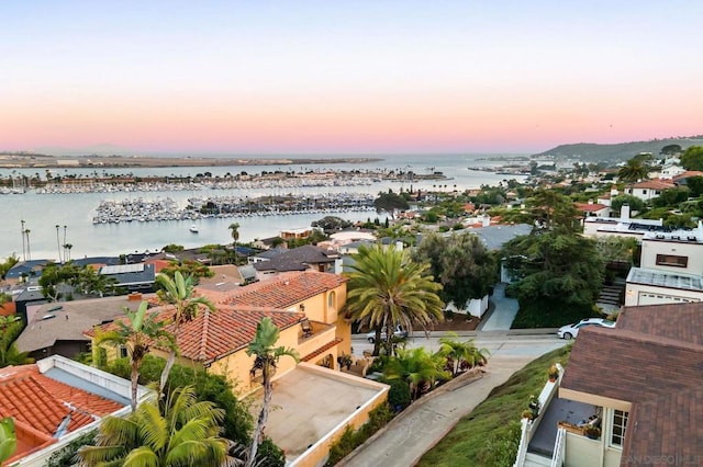 aerial view at dusk with a water view