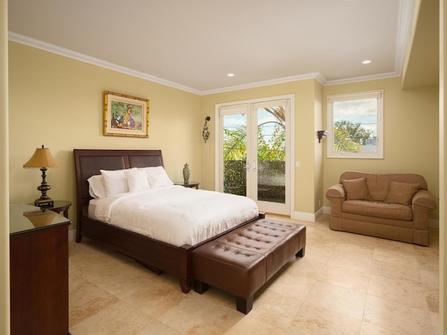 bedroom featuring ornamental molding, access to exterior, and french doors