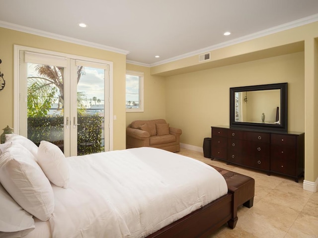 bedroom featuring access to exterior, crown molding, and french doors