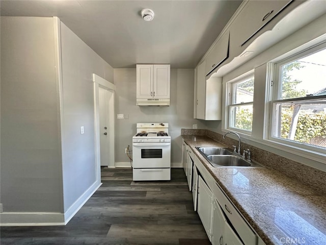 kitchen with white cabinetry, white range, dark hardwood / wood-style floors, stainless steel dishwasher, and sink