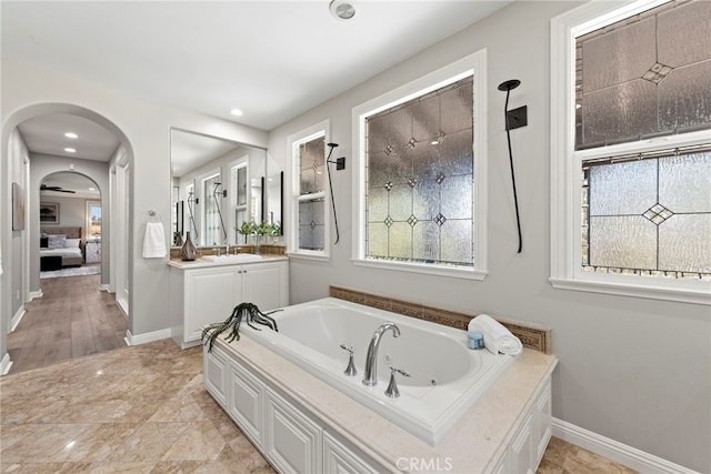 bathroom with a washtub, vanity, and a wealth of natural light