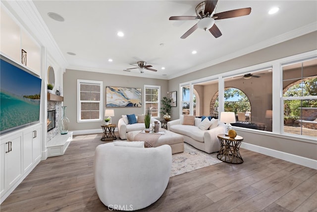 living room with a fireplace, light hardwood / wood-style floors, and crown molding