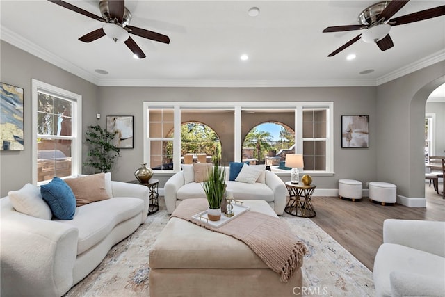 living room with ceiling fan, ornamental molding, and light hardwood / wood-style flooring