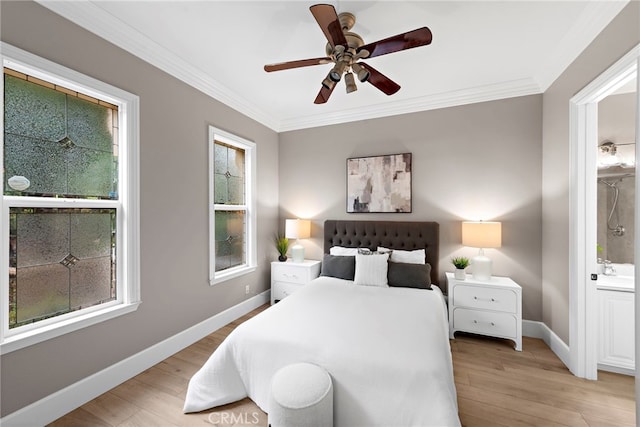 bedroom featuring multiple windows, ornamental molding, and light hardwood / wood-style floors