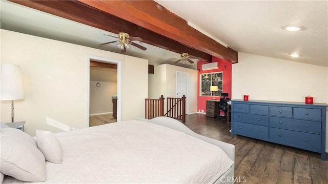 bedroom featuring ensuite bath, a wall mounted AC, ceiling fan, beam ceiling, and dark hardwood / wood-style floors