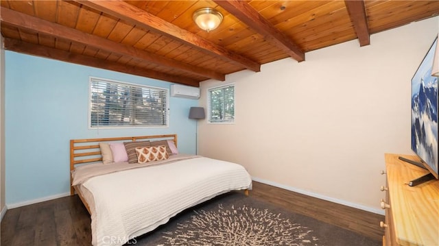 bedroom with beamed ceiling, dark hardwood / wood-style flooring, a wall unit AC, and wood ceiling