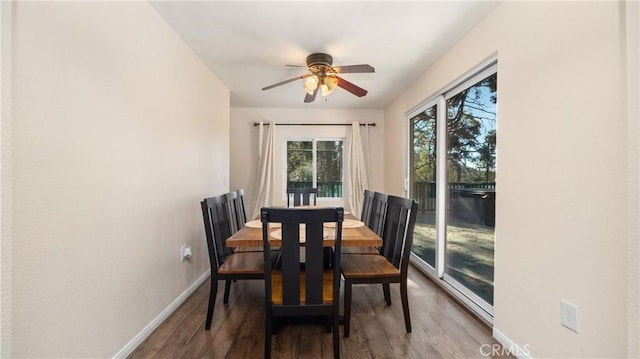 dining room with ceiling fan and hardwood / wood-style flooring