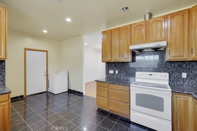 kitchen with decorative backsplash, washer / clothes dryer, dark stone countertops, and white range with electric stovetop