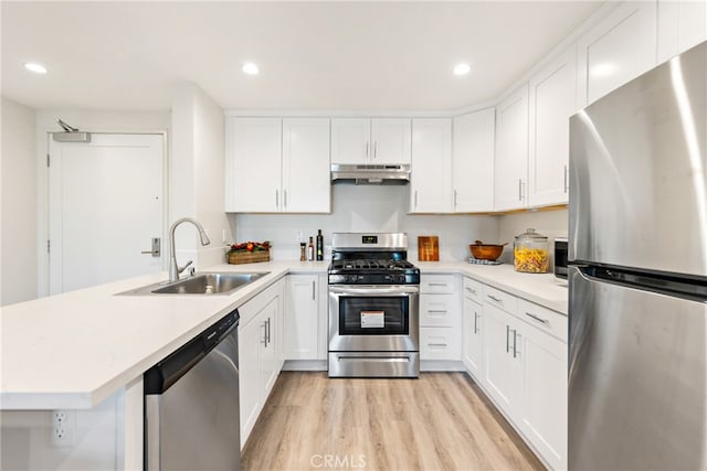 kitchen featuring appliances with stainless steel finishes, light hardwood / wood-style floors, white cabinetry, kitchen peninsula, and sink