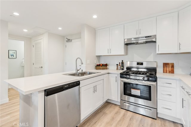 kitchen featuring white cabinetry, kitchen peninsula, appliances with stainless steel finishes, and light hardwood / wood-style floors