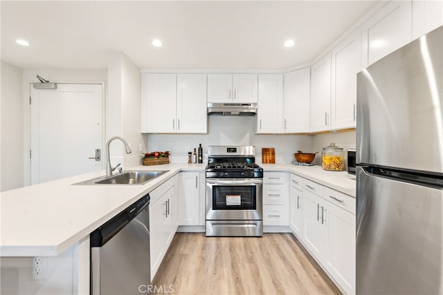 kitchen with white cabinetry, kitchen peninsula, stainless steel appliances, light hardwood / wood-style flooring, and sink