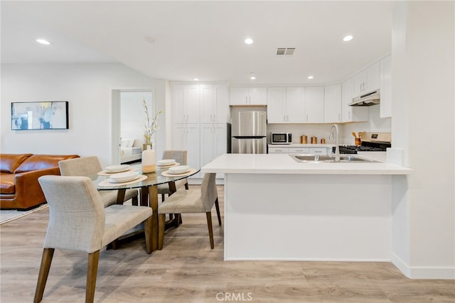 kitchen with light hardwood / wood-style floors, white cabinets, kitchen peninsula, stainless steel appliances, and sink