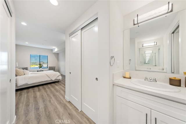 bathroom with hardwood / wood-style flooring and vanity