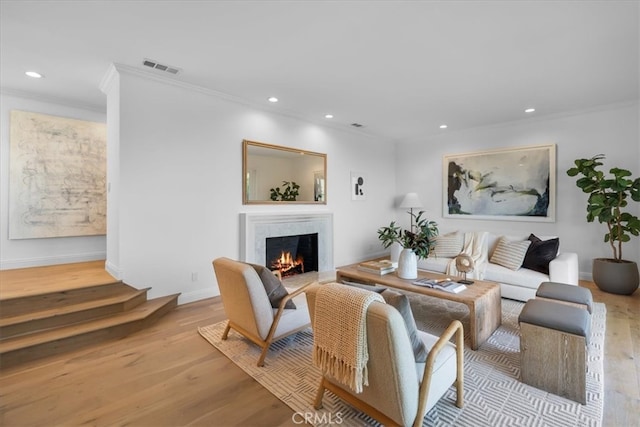 living room featuring light hardwood / wood-style floors and ornamental molding