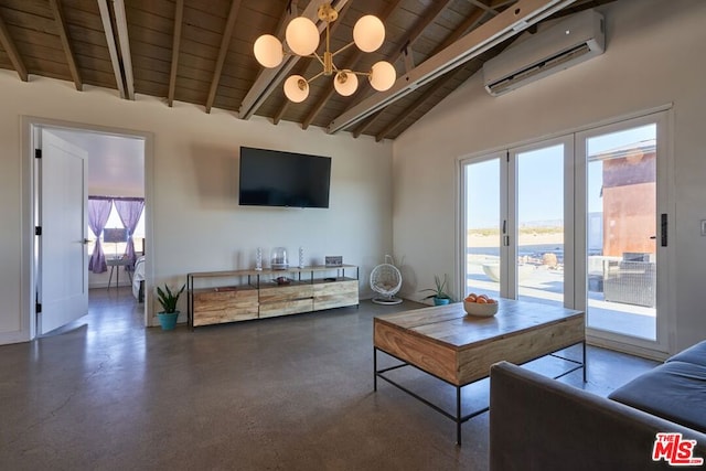 living room with wood ceiling, high vaulted ceiling, an AC wall unit, and beamed ceiling