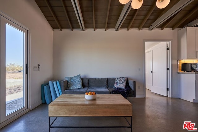 living room with vaulted ceiling with beams and wooden ceiling