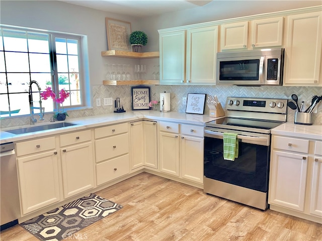 kitchen featuring white cabinets, sink, backsplash, stainless steel appliances, and light wood-type flooring