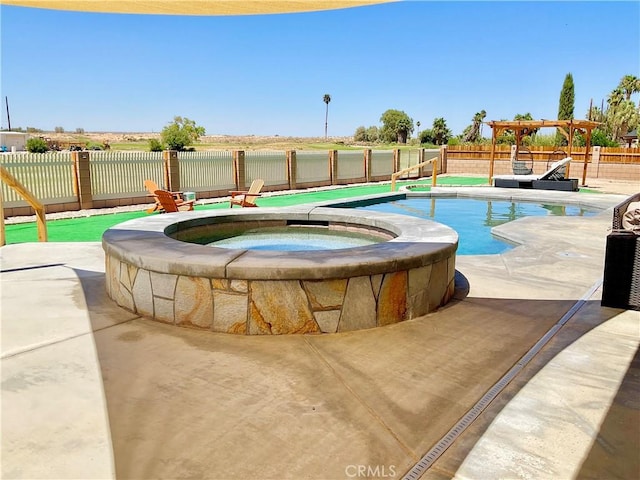 view of swimming pool with a fenced in pool, a patio, a fenced backyard, and an in ground hot tub