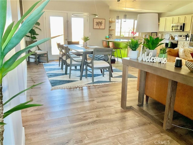 dining space featuring light wood-style floors