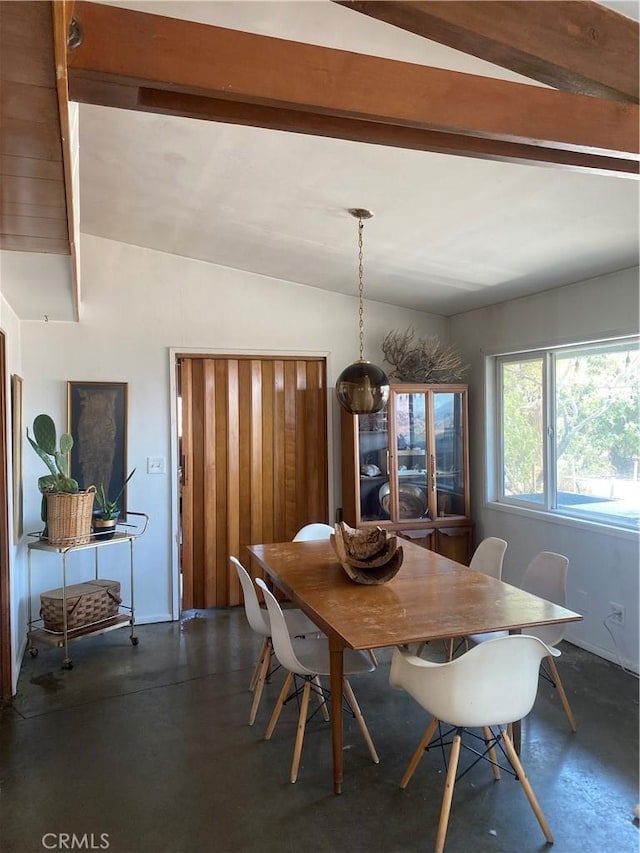 6161 Mirlo Rd, Yucca Valley, CA 92284 - dining space featuring lofted ceiling with beams and concrete floors