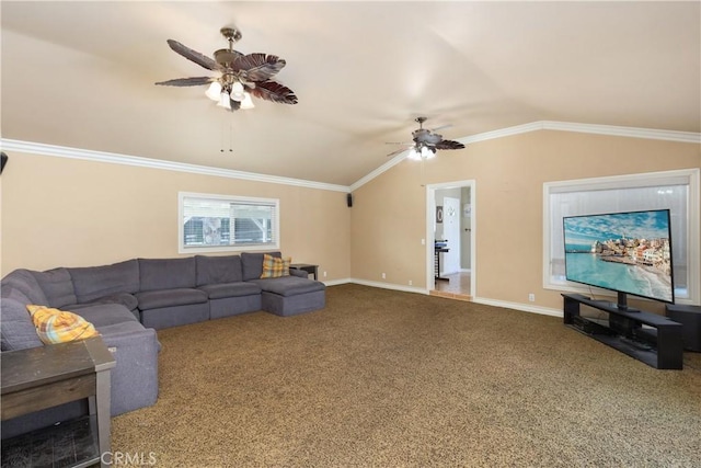 carpeted living room with ornamental molding, ceiling fan, and lofted ceiling