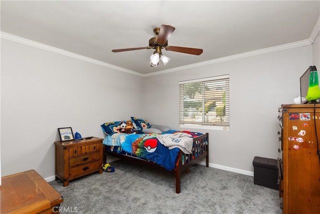 carpeted bedroom featuring ceiling fan and ornamental molding