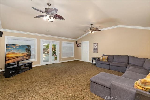 carpeted living room featuring ornamental molding, ceiling fan, and lofted ceiling