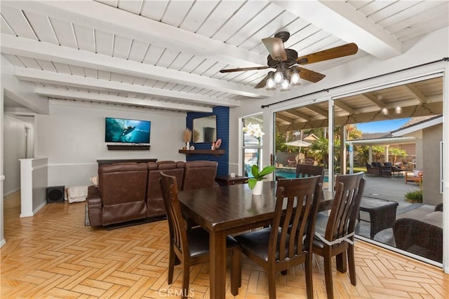 dining space with ceiling fan, light parquet floors, beamed ceiling, and wood ceiling