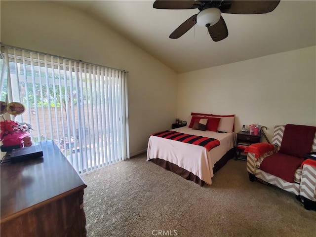 bedroom featuring access to exterior, ceiling fan, carpet, and lofted ceiling