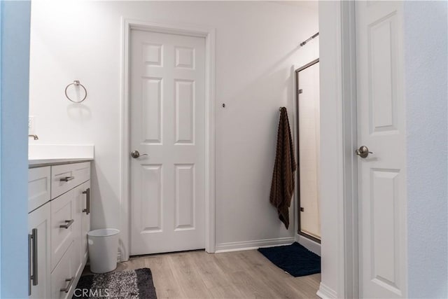 bathroom with vanity, wood-type flooring, and walk in shower