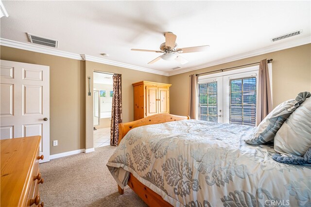 carpeted bedroom with french doors, ornamental molding, access to exterior, and ceiling fan