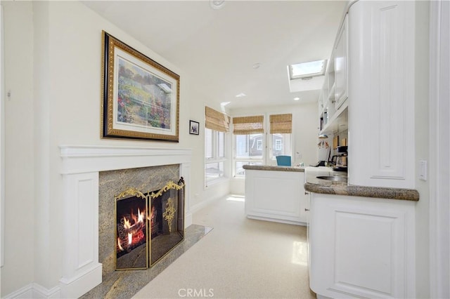 interior space featuring a skylight and a high end fireplace