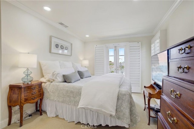 bedroom with access to outside, light colored carpet, and crown molding