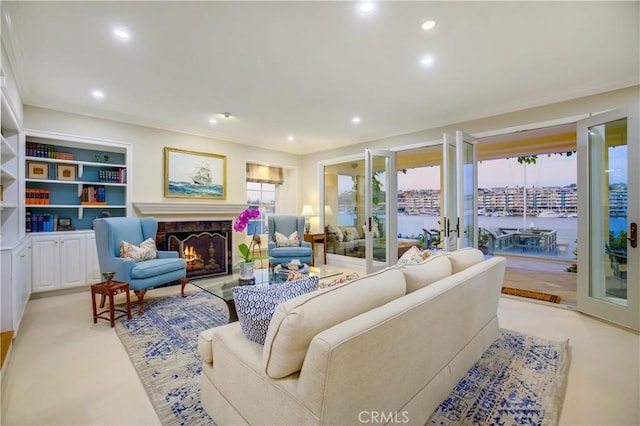 living room with built in shelves