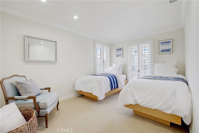 carpeted bedroom featuring ornamental molding