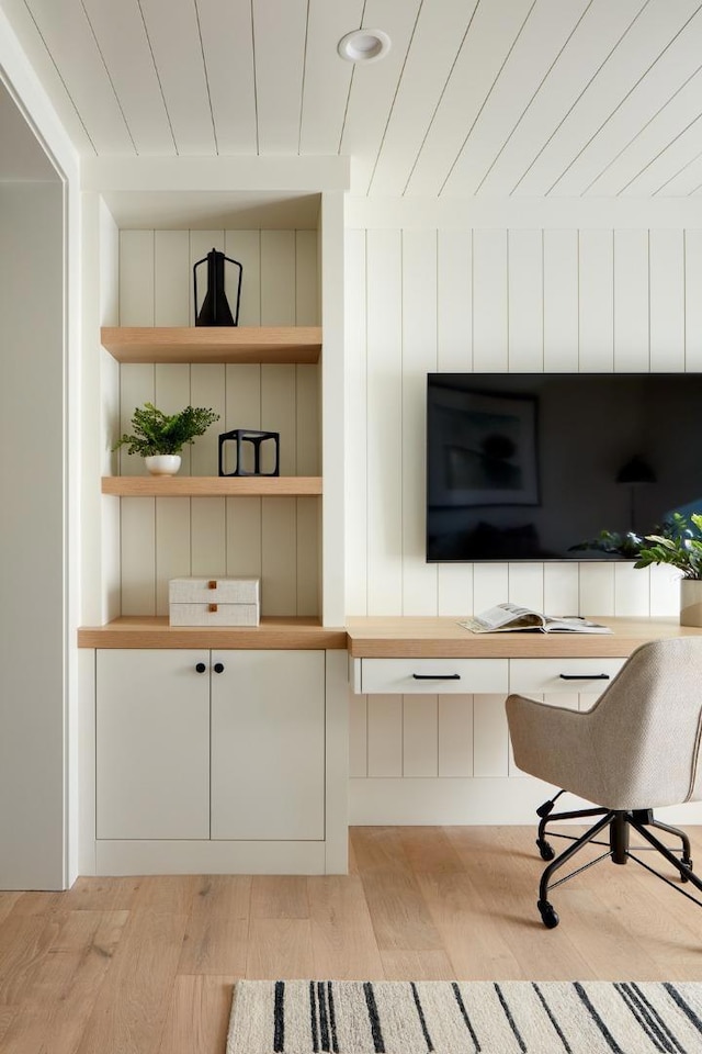 interior space with hardwood / wood-style floors, built in desk, and wood ceiling