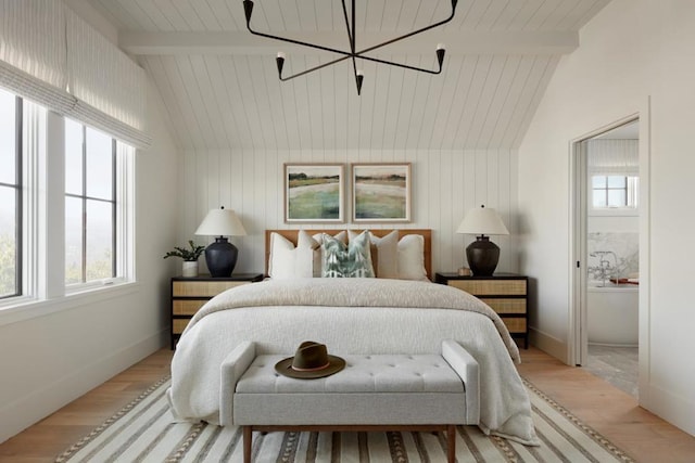 bedroom with a chandelier, lofted ceiling with beams, light hardwood / wood-style floors, and wood ceiling