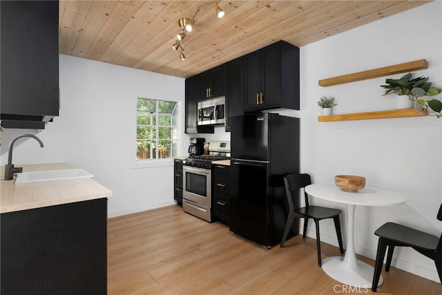 kitchen featuring sink, rail lighting, appliances with stainless steel finishes, wooden ceiling, and light hardwood / wood-style floors