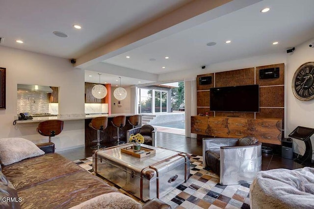 living room with tile patterned flooring