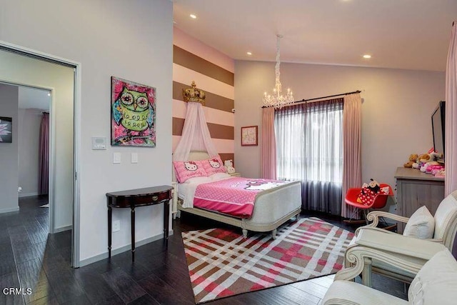 bedroom featuring dark hardwood / wood-style flooring, a chandelier, and lofted ceiling