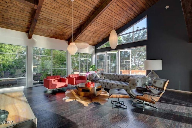 sunroom / solarium featuring vaulted ceiling with beams, a healthy amount of sunlight, and wood ceiling