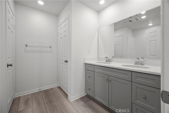 bathroom featuring hardwood / wood-style floors and vanity