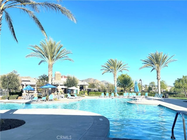 view of pool featuring a mountain view and a patio