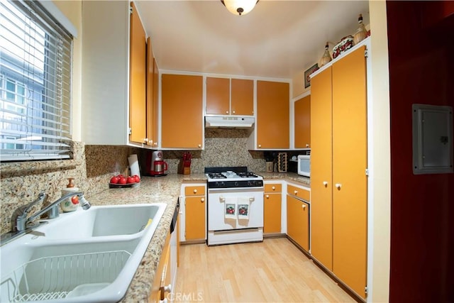 kitchen featuring sink, electric panel, light hardwood / wood-style floors, white appliances, and decorative backsplash