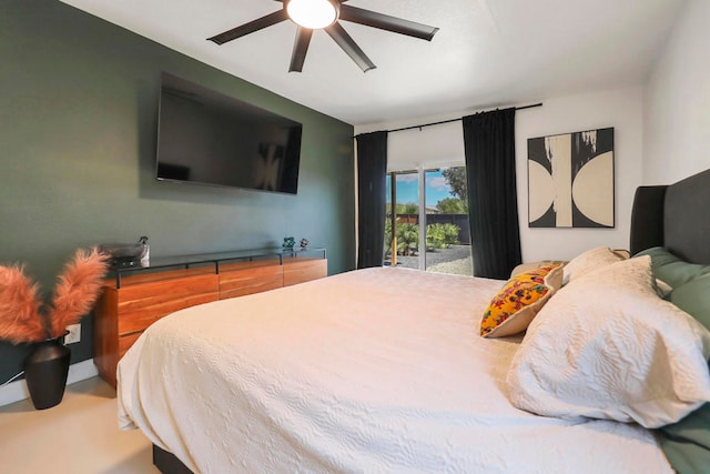 carpeted bedroom with ceiling fan and access to exterior